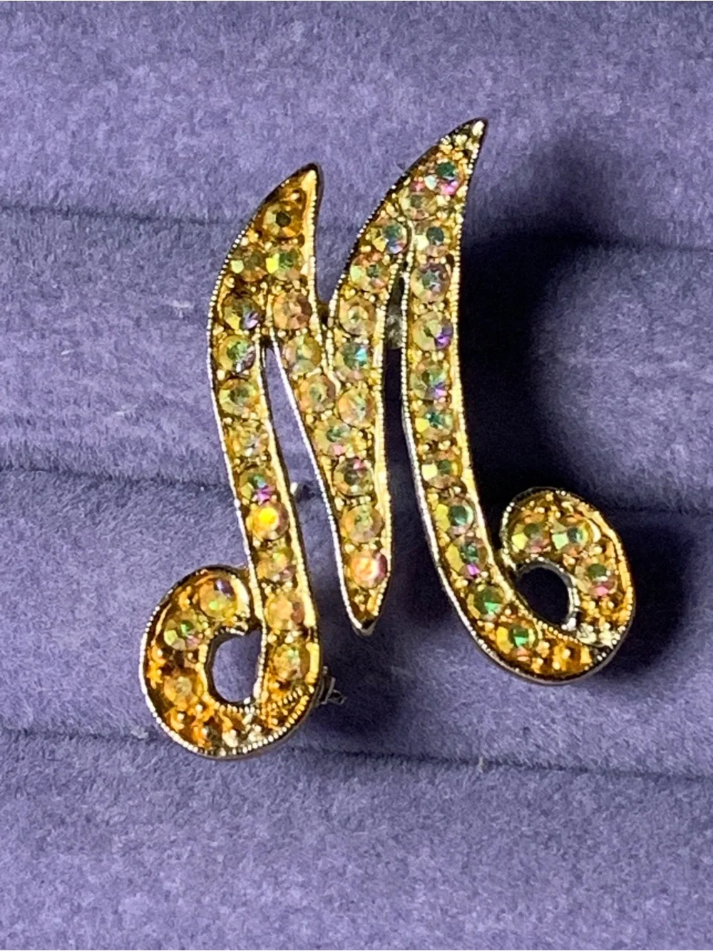 Vintage Rhinestone Initial M Brooch, Cursive Script